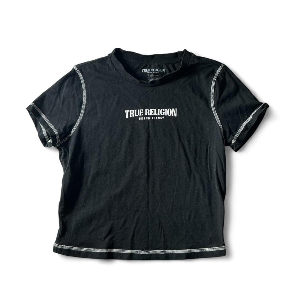 True Religion Brand Jeans Cropped Black‎ Graphic T-Shirt White Stitching